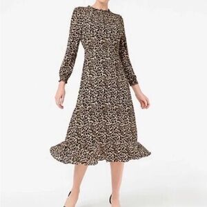 J. Crew‎ Women's Leopard Print Ruffle Neck Midi Dress Size 0 Brown